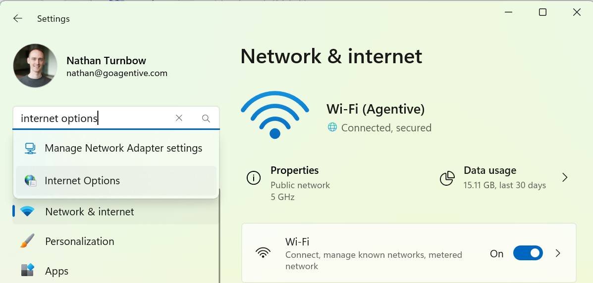 Step 2: Search for and select 'Internet Options'