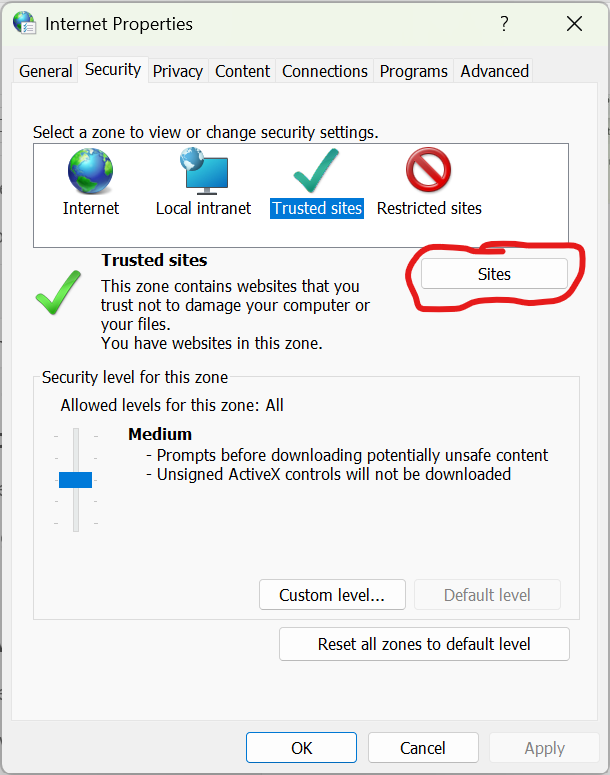 Step 4: Select 'Trusted Sites' and click the 'Sites' button